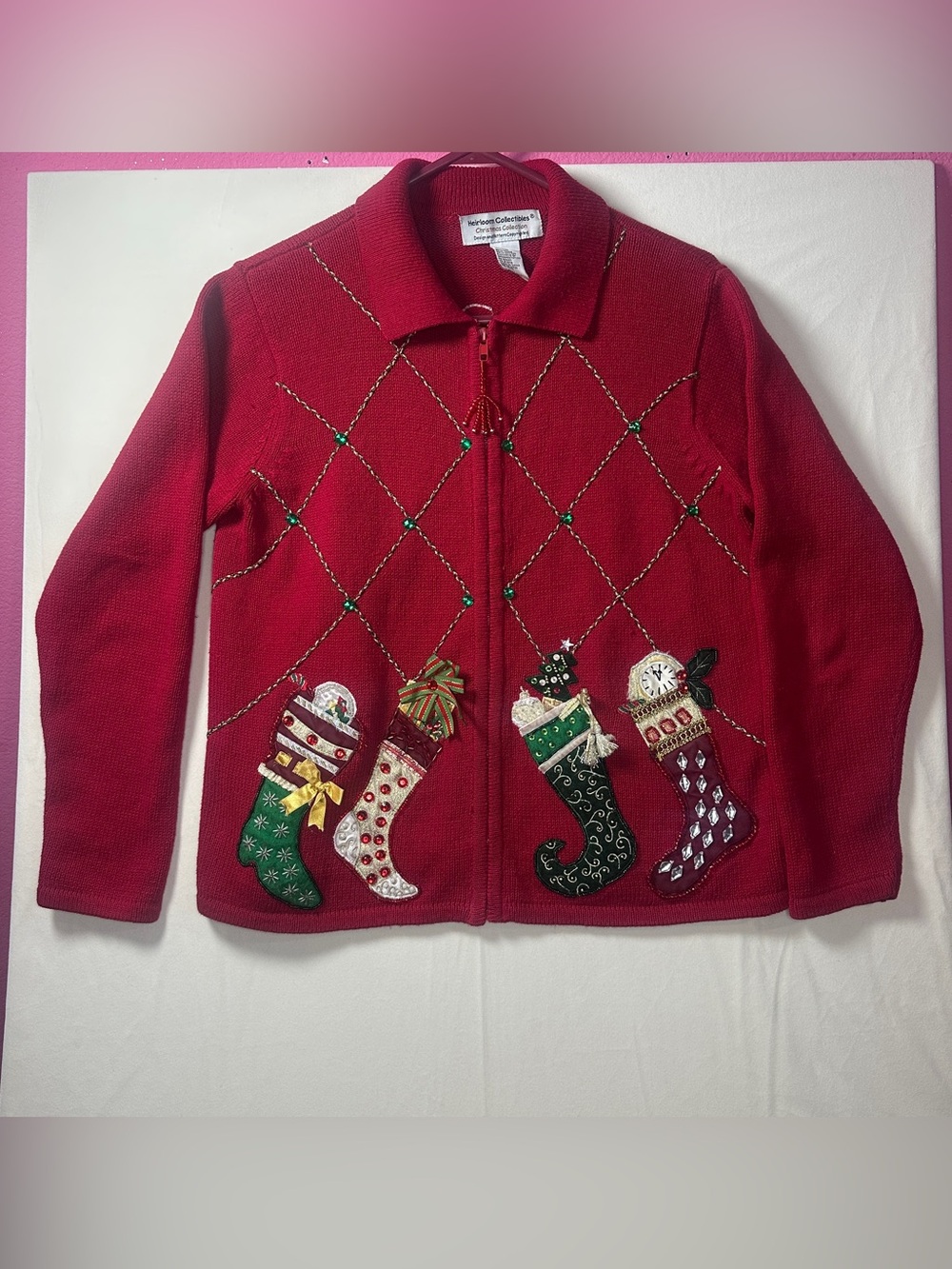 Vintage 80s Heirloom Collectibles Christmas Cardigan Sweater M beaded granny
